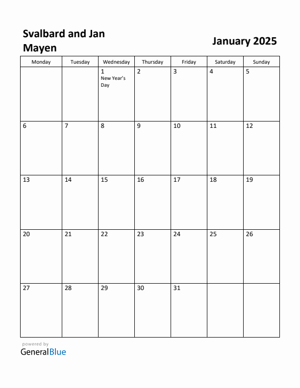 January 2025 Calendar with Svalbard and Jan Mayen Holidays