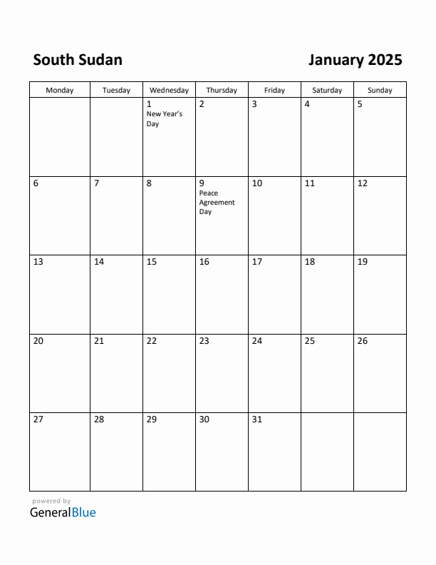 January 2025 Calendar with South Sudan Holidays