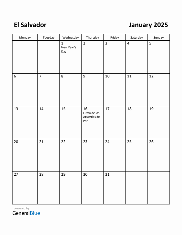 January 2025 Calendar with El Salvador Holidays