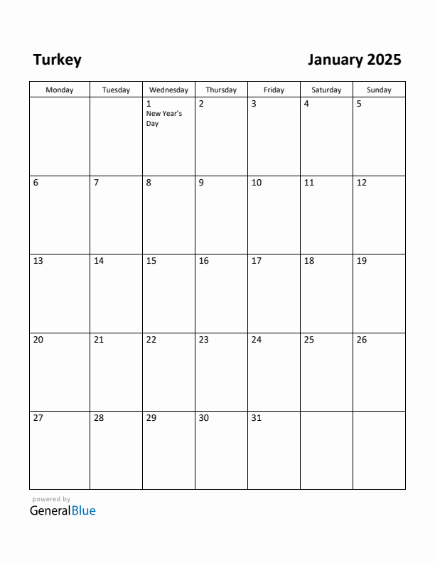 January 2025 Calendar with Turkey Holidays