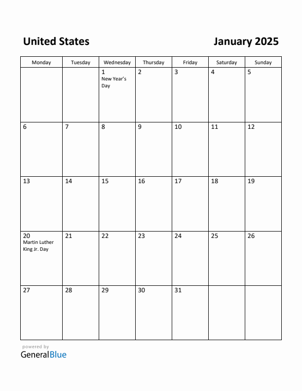 January 2025 Calendar with United States Holidays