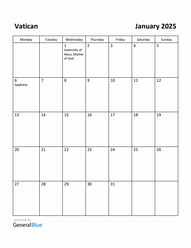 January 2025 Calendar with Vatican Holidays