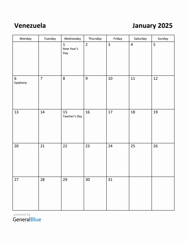 January 2025 Calendar with Venezuela Holidays