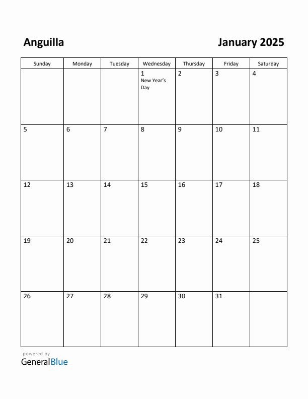 January 2025 Calendar with Anguilla Holidays