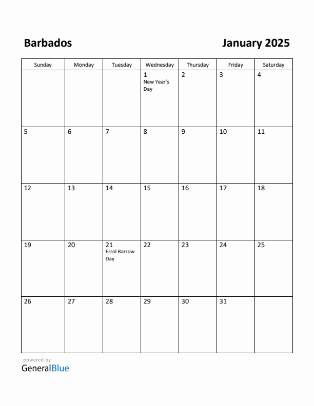 January 2025 Calendar with Barbados Holidays