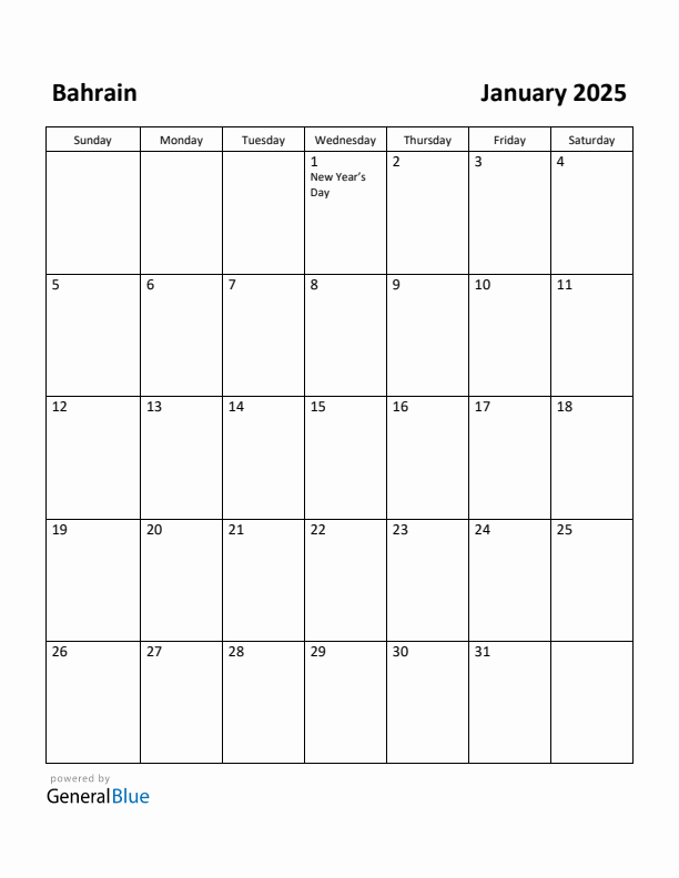 January 2025 Calendar with Bahrain Holidays