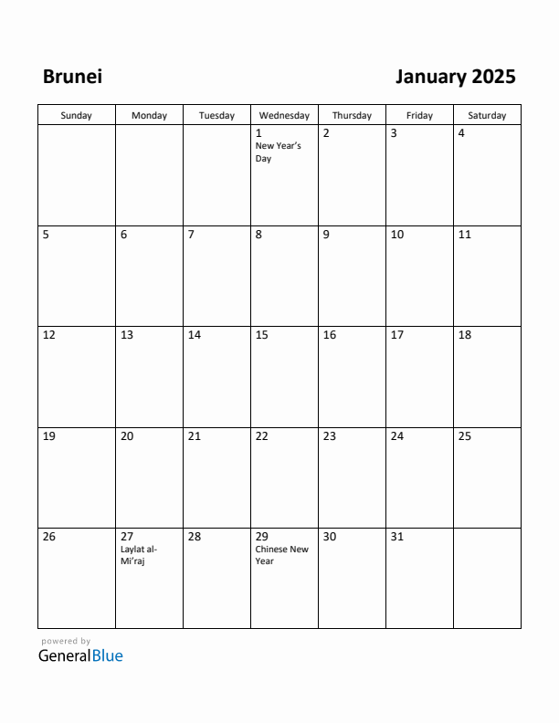 January 2025 Calendar with Brunei Holidays