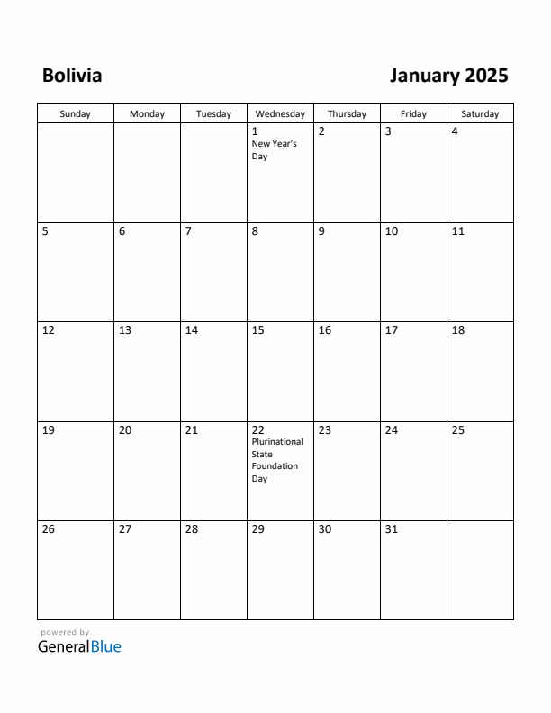 January 2025 Calendar with Bolivia Holidays