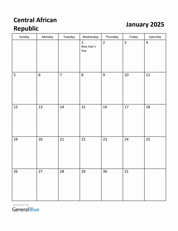 January 2025 Calendar with Central African Republic Holidays