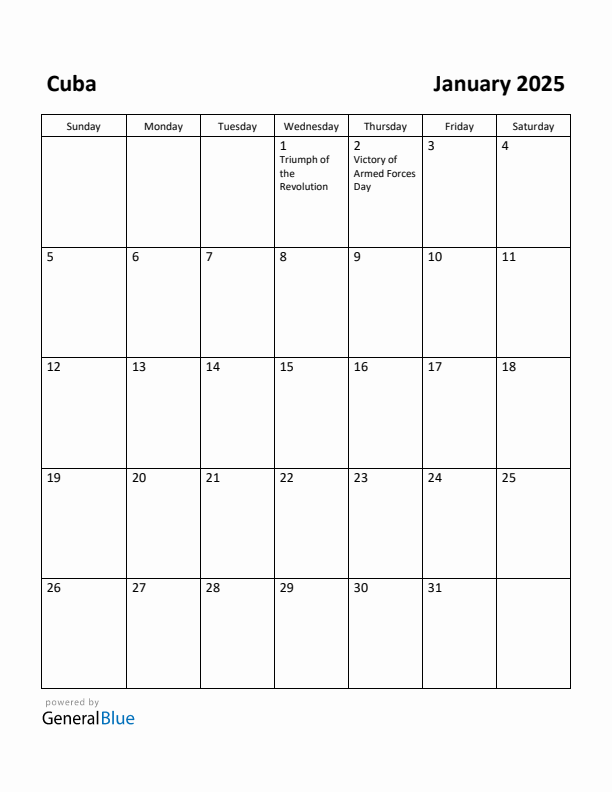 January 2025 Calendar with Cuba Holidays