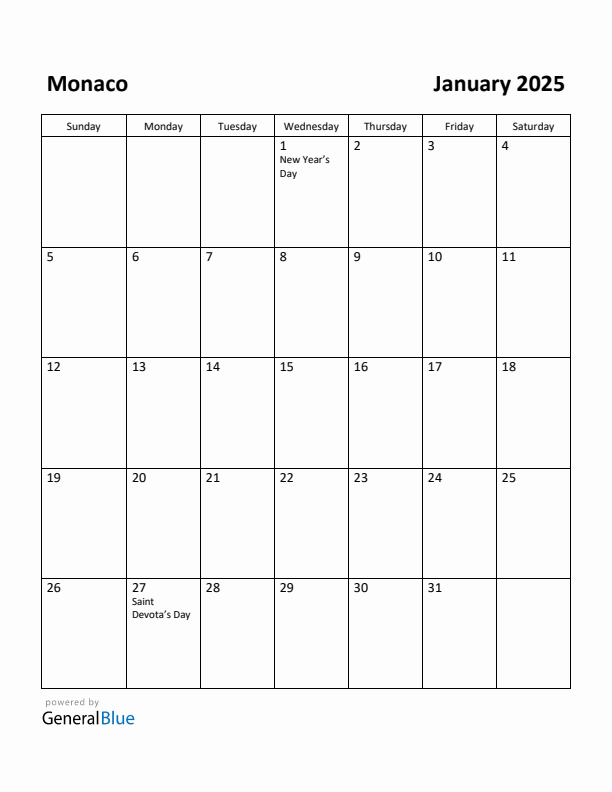 January 2025 Calendar with Monaco Holidays