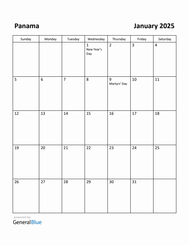 January 2025 Calendar with Panama Holidays