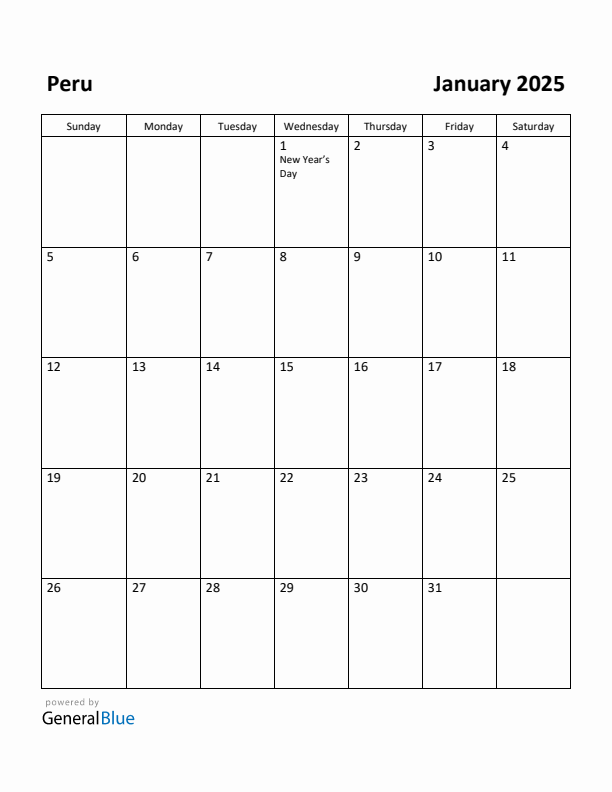 January 2025 Calendar with Peru Holidays