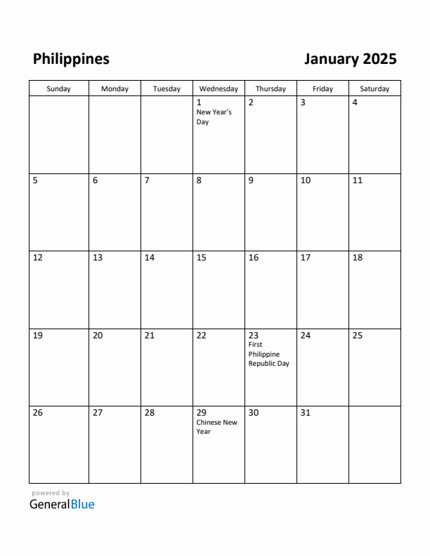 January 2025 Calendar with Philippines Holidays