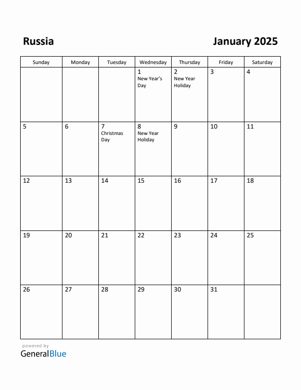 January 2025 Calendar with Russia Holidays