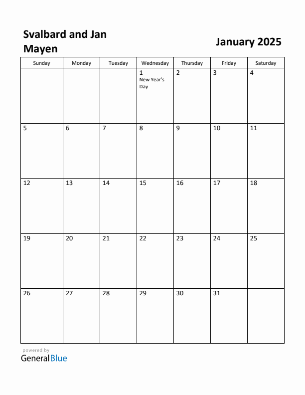 January 2025 Calendar with Svalbard and Jan Mayen Holidays