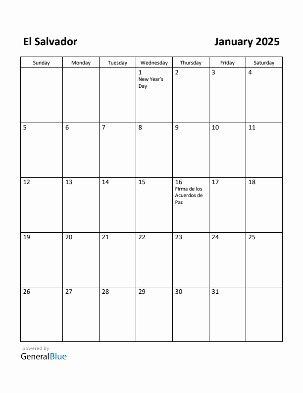 January 2025 Calendar with El Salvador Holidays