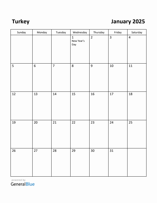 January 2025 Calendar with Turkey Holidays