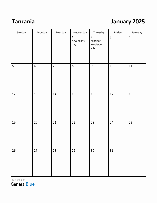 January 2025 Calendar with Tanzania Holidays