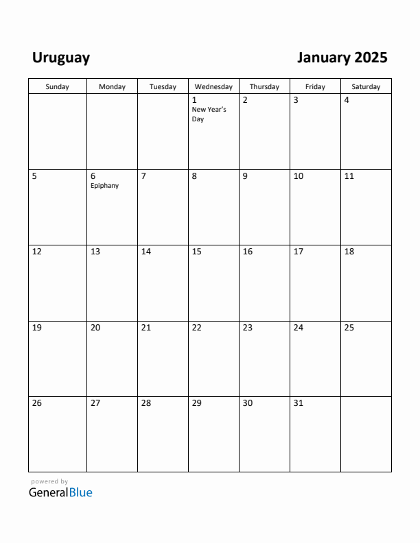 January 2025 Calendar with Uruguay Holidays