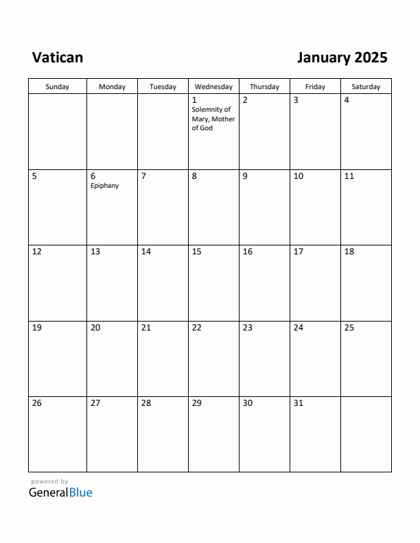 January 2025 Calendar with Vatican Holidays