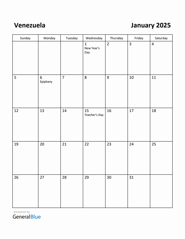 January 2025 Calendar with Venezuela Holidays