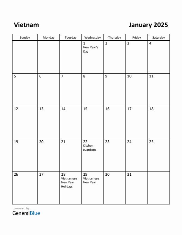 January 2025 Calendar with Vietnam Holidays