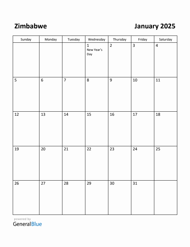 January 2025 Calendar with Zimbabwe Holidays