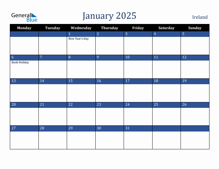 January 2025 Ireland Calendar (Monday Start)