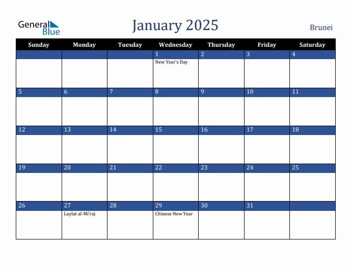 January 2025 Brunei Calendar (Sunday Start)