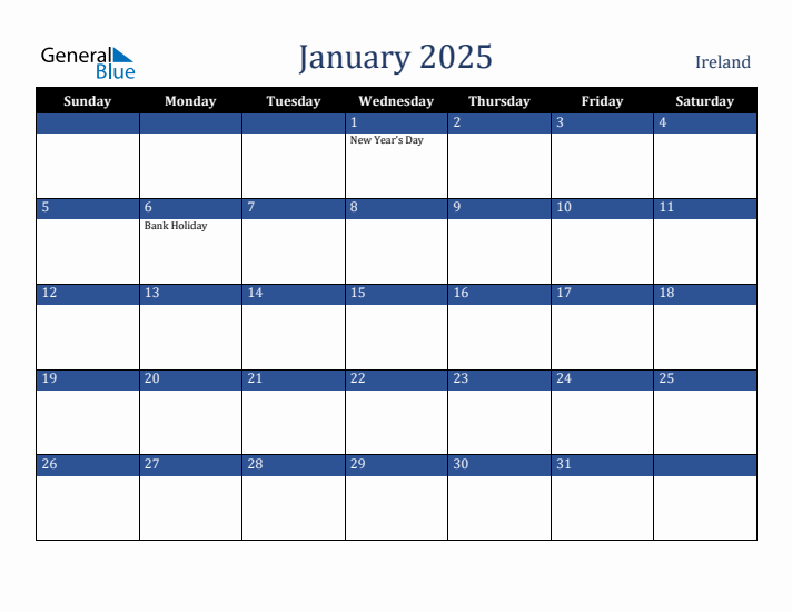 January 2025 Ireland Calendar (Sunday Start)