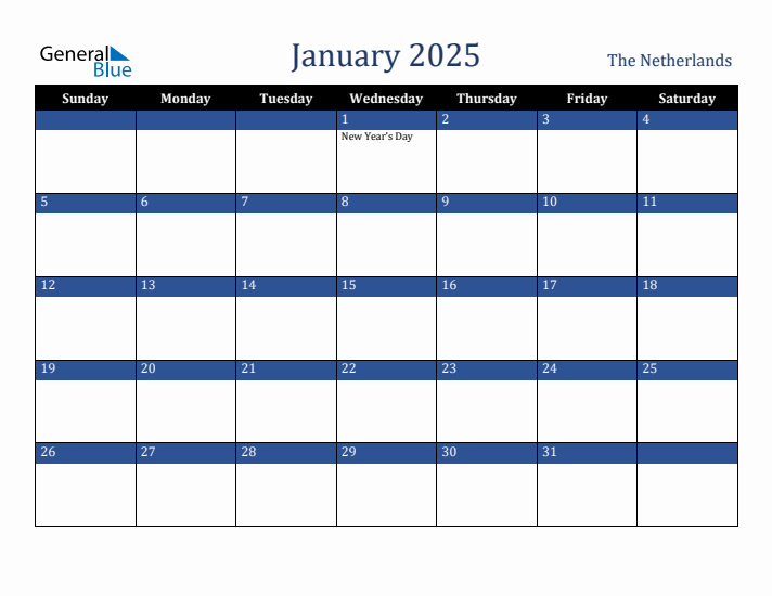 January 2025 The Netherlands Calendar (Sunday Start)