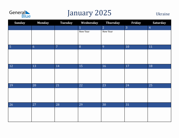 January 2025 Ukraine Calendar (Sunday Start)