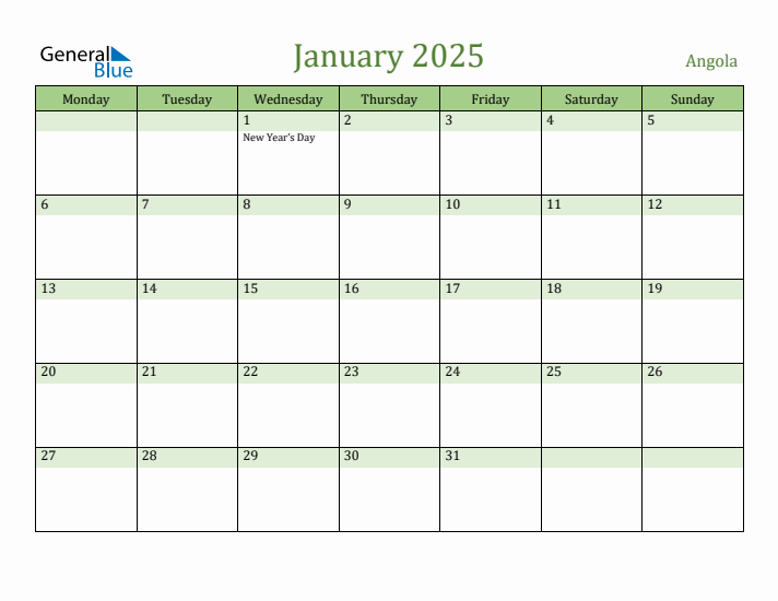 January 2025 Calendar with Angola Holidays