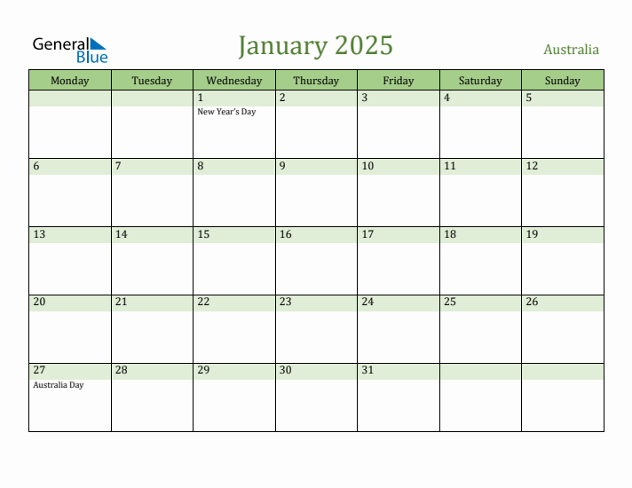 January 2025 Calendar with Australia Holidays