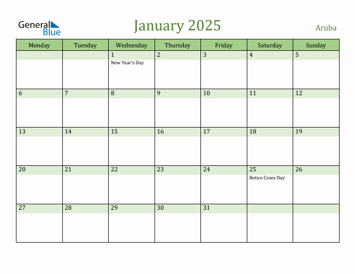 January 2025 Calendar with Aruba Holidays