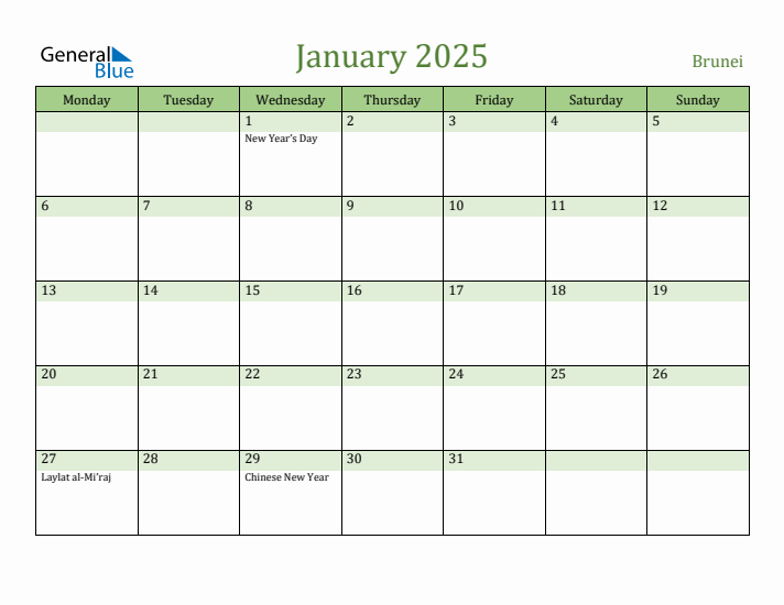 January 2025 Calendar with Brunei Holidays