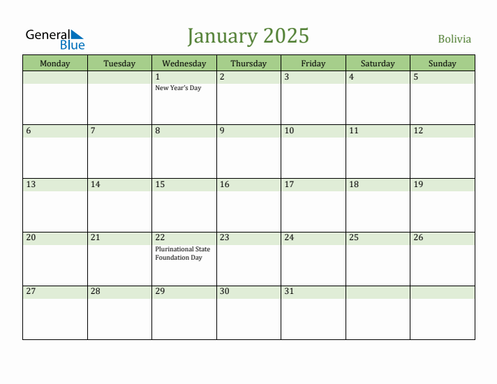 January 2025 Calendar with Bolivia Holidays