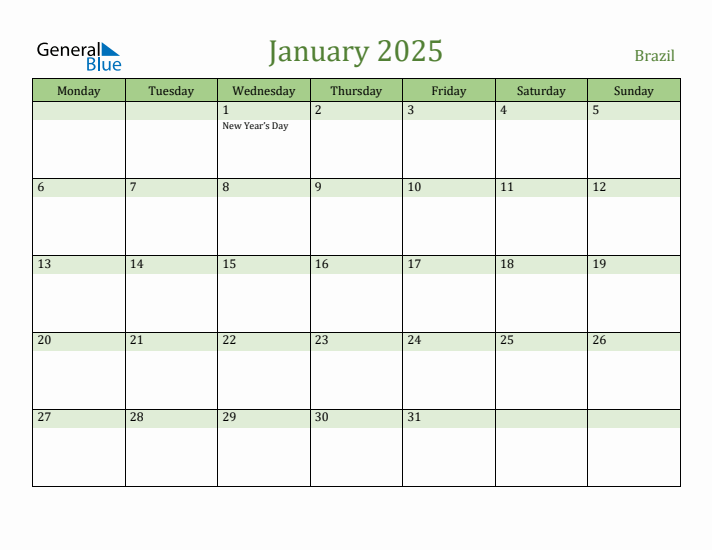 January 2025 Calendar with Brazil Holidays