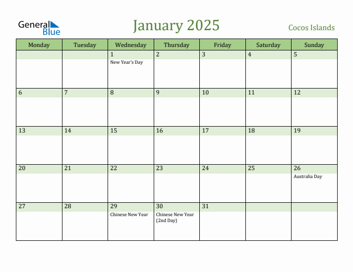 January 2025 Calendar with Cocos Islands Holidays