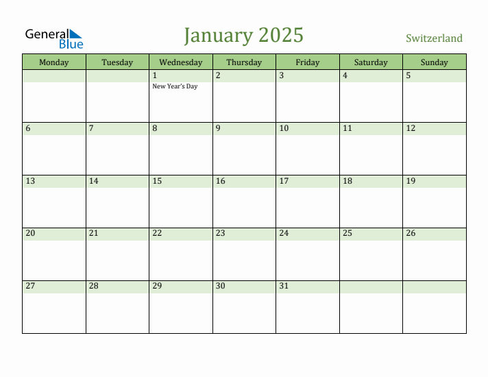 January 2025 Calendar with Switzerland Holidays