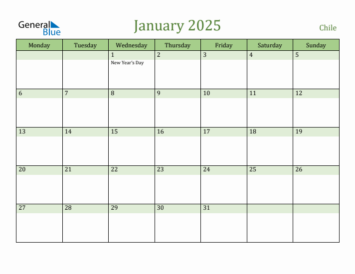 January 2025 Calendar with Chile Holidays