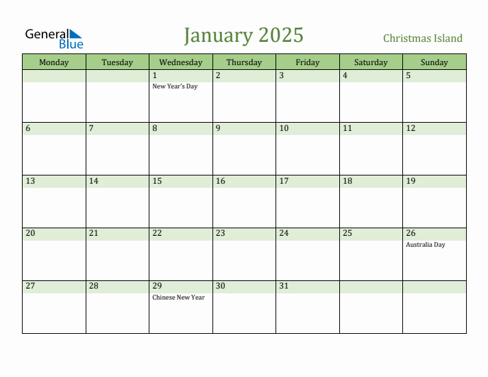 January 2025 Calendar with Christmas Island Holidays