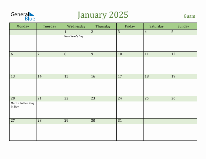 January 2025 Calendar with Guam Holidays