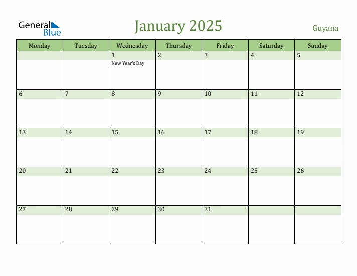 January 2025 Calendar with Guyana Holidays