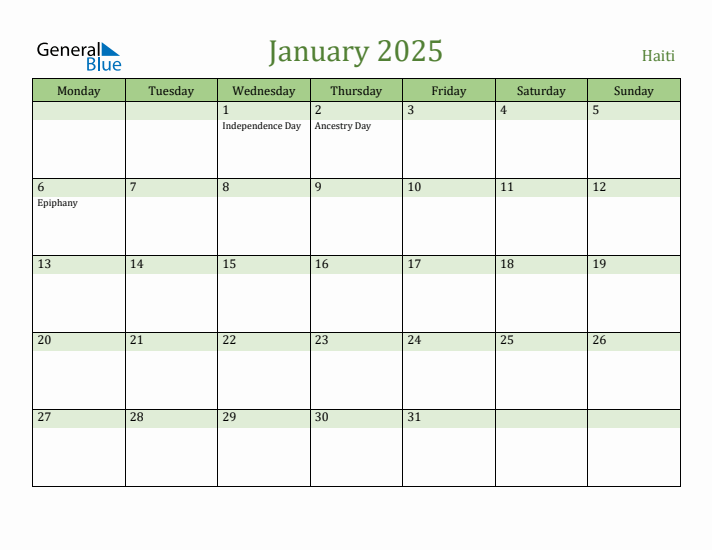 January 2025 Calendar with Haiti Holidays