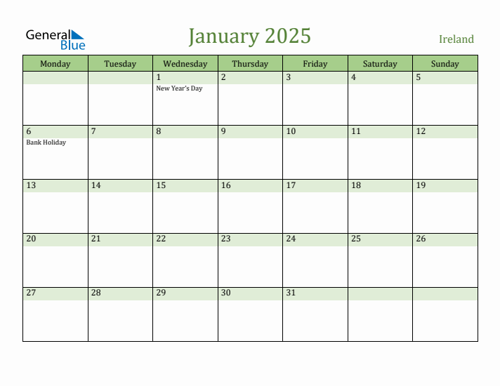 January 2025 Calendar with Ireland Holidays