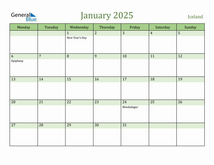 January 2025 Calendar with Iceland Holidays