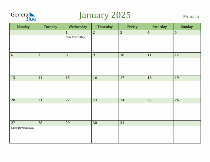 January 2025 Calendar with Monaco Holidays