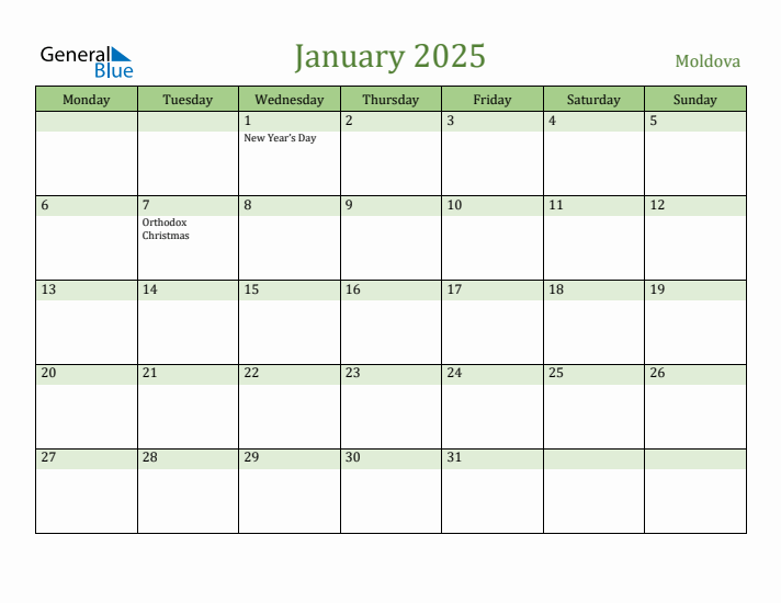 January 2025 Calendar with Moldova Holidays